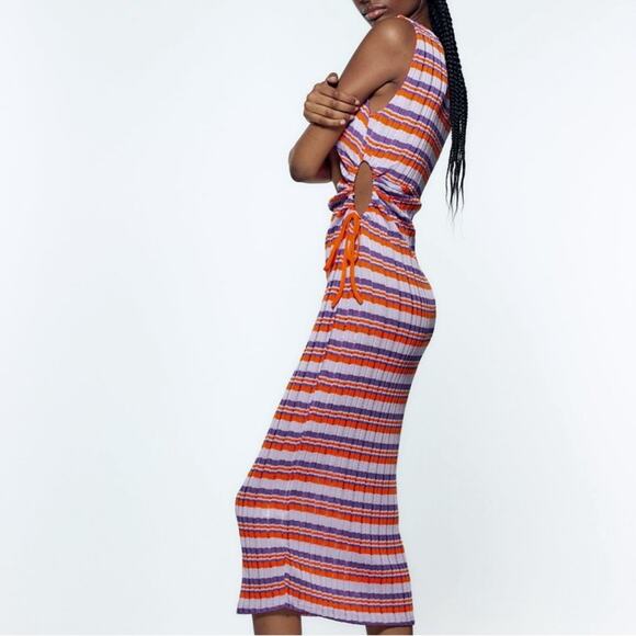 Zara Purple and Orange Striped Cold Shoulder Knit Dress - Picture 1 of 11